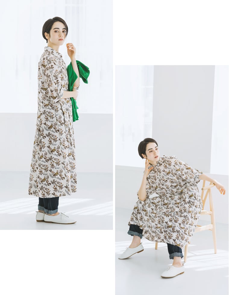 KILKI コットンキャンブリックチーターワンピース  ホワイトの全身と座ったカット