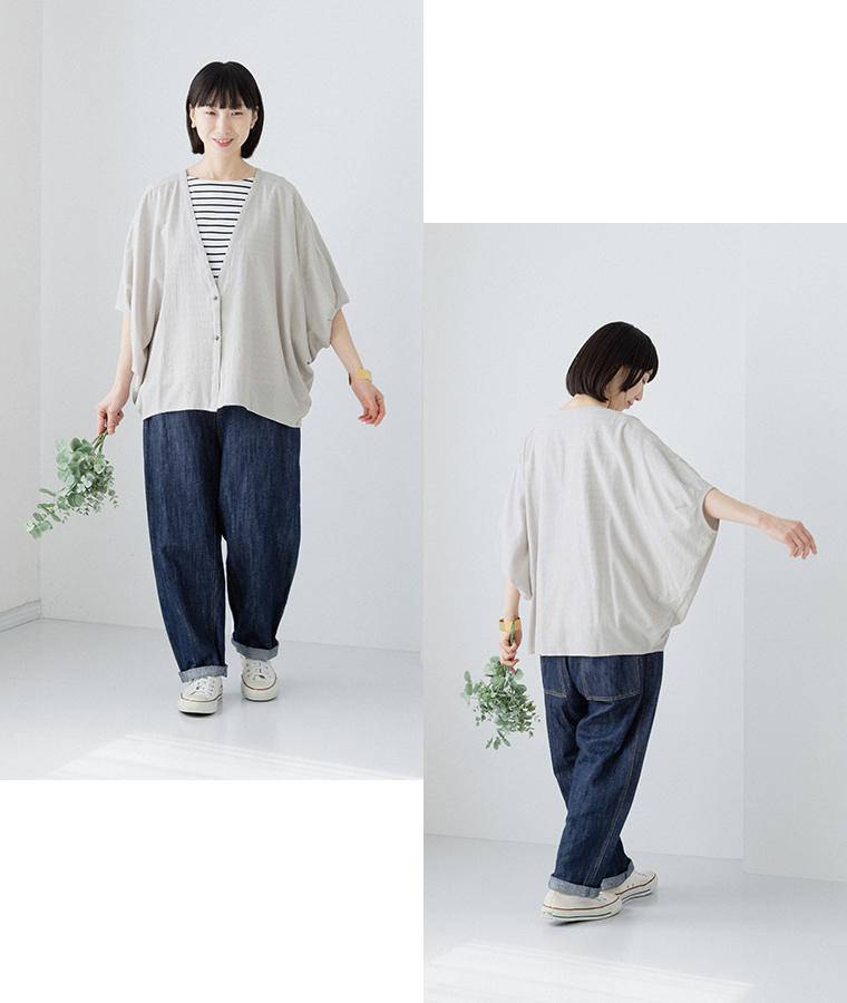 refined works ウォッシュコットンバンザイカーディガン グレージュの着こなし