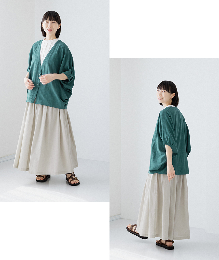 refined works ウォッシュコットンバンザイカーディガン グリーンの着こなし