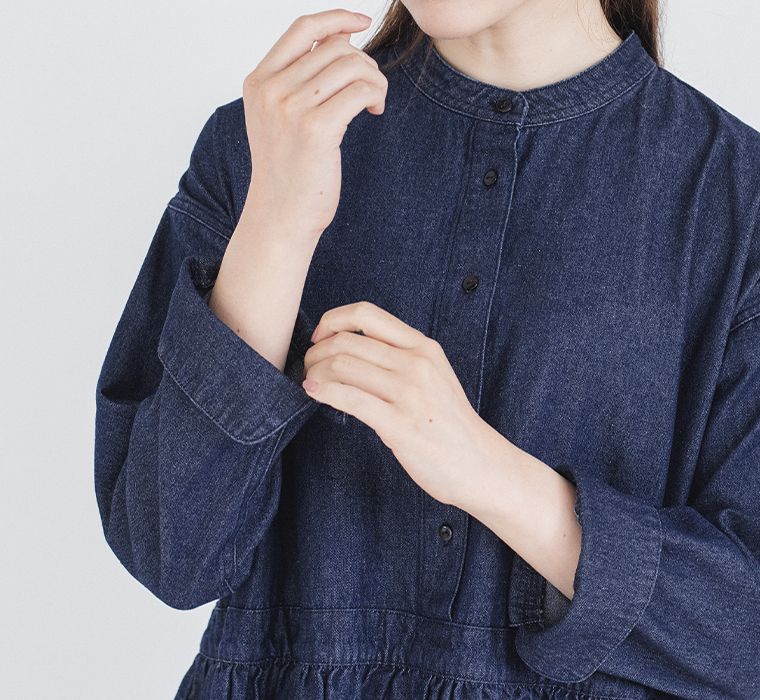 Lintu Laulu福袋ギャザー切り替えデニムワンピースの上半身袖口寄り