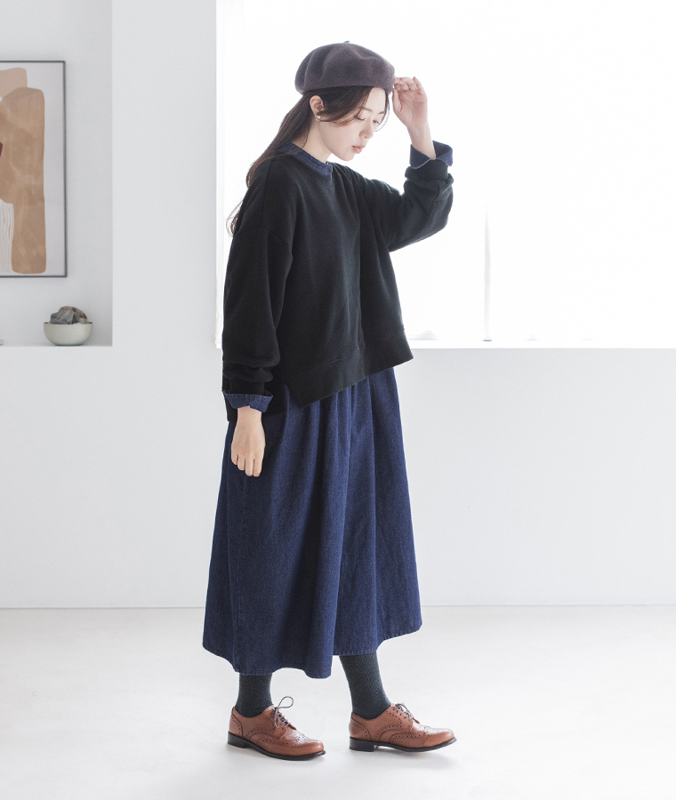 Lintu Laulu福袋サイドスリット裏毛プルオーバーとギャザー切り替えデニムワンピース全身斜め