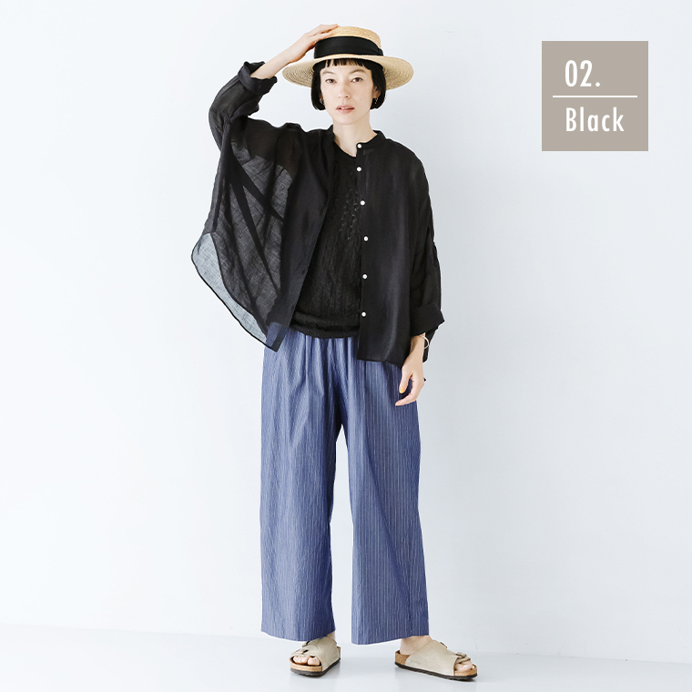 ichi リネンポプリンワイドシャツ　ブラックの着こなし