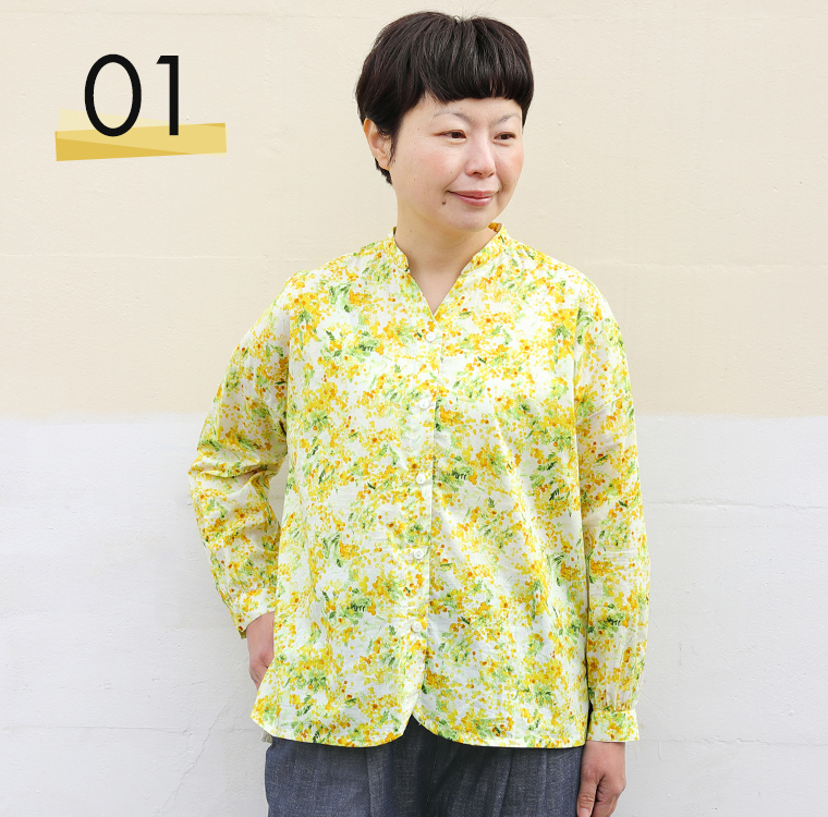 homeworking コットンローンミモザプリント スキッパーブラウス