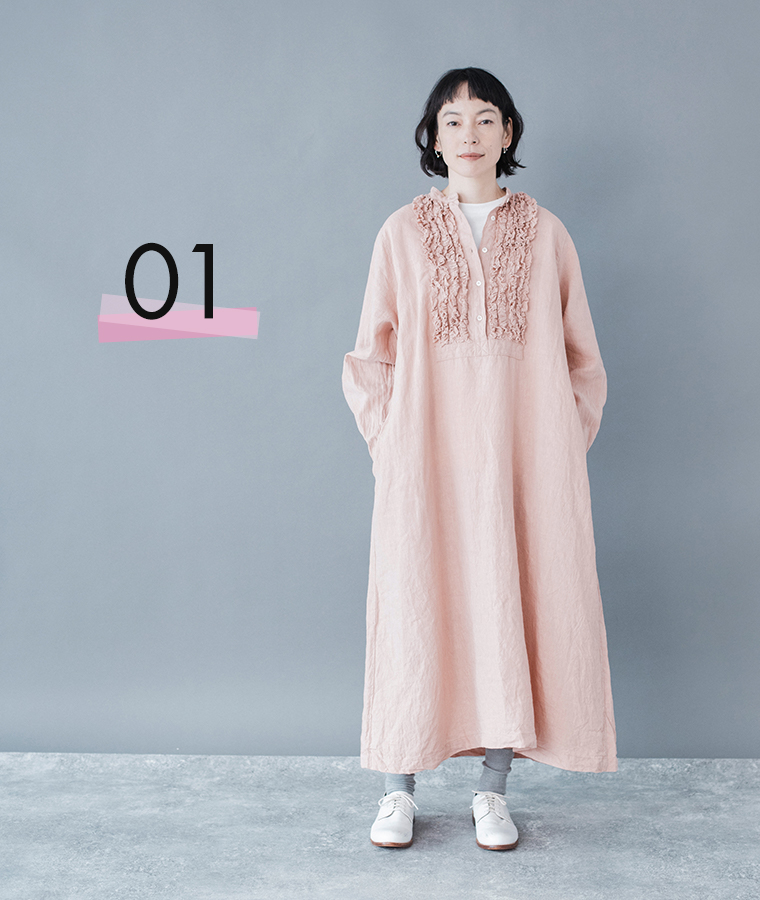 ichi フレンチリネン　フリルワンピース