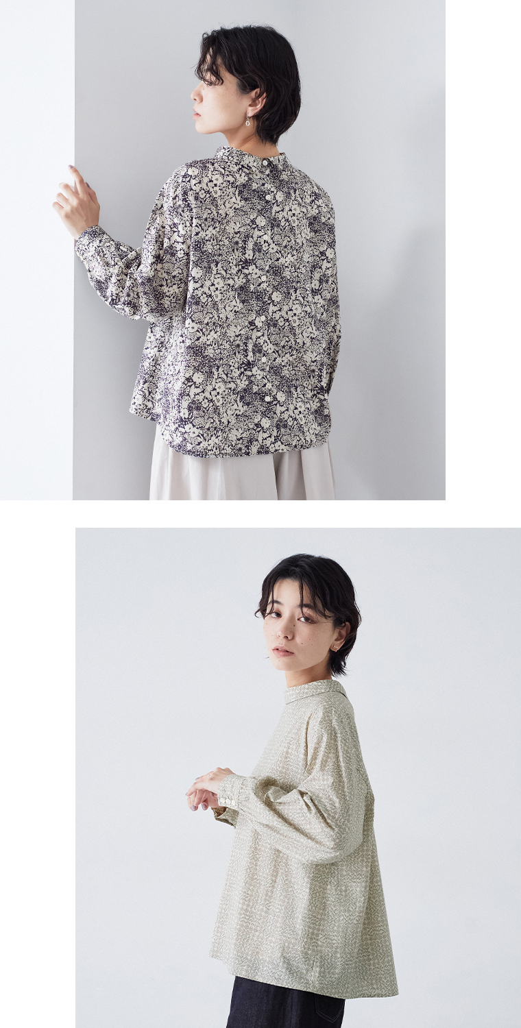 リバティ・ファブリックス 花柄ブラウス(グレー)着用の上半身寄り横向きカット