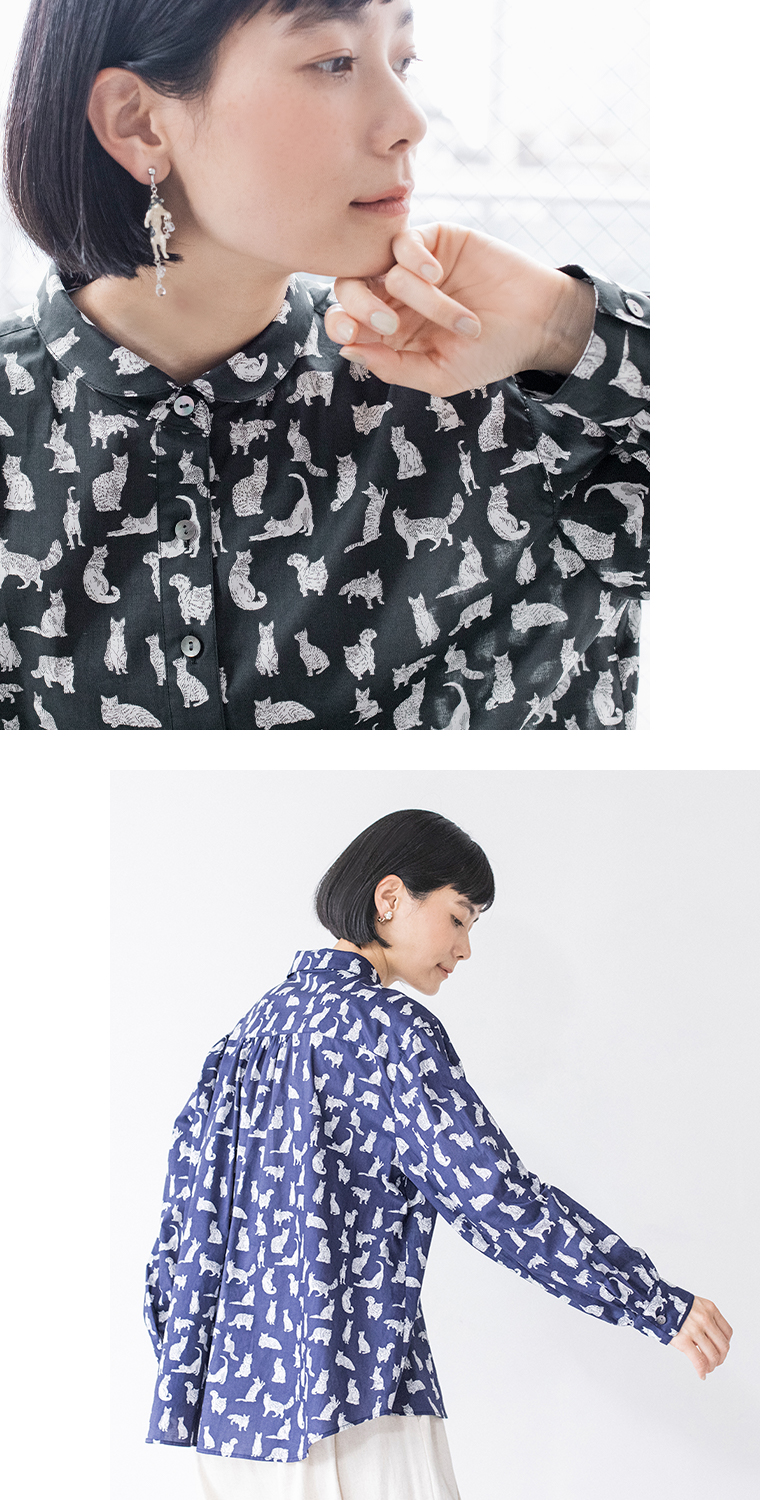 リバティ・ファブリックスネコ柄ブラウス(ブラック)着用の襟元寄り前カット