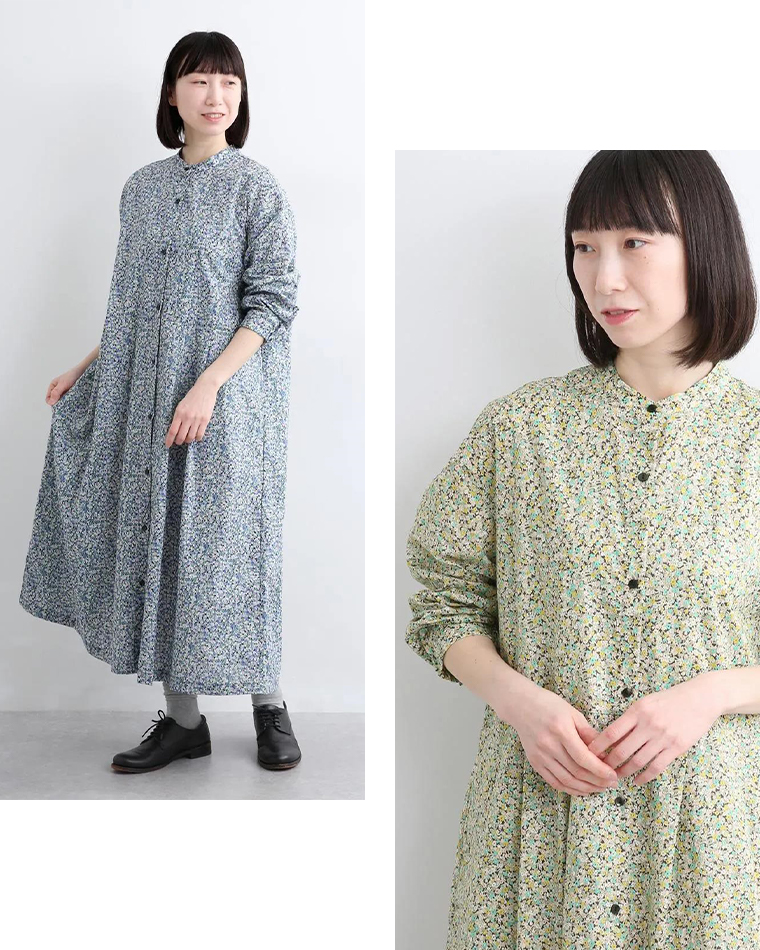リバティプリントワンピースのブルー着用の全身とイエロー着用の上半寄りカット