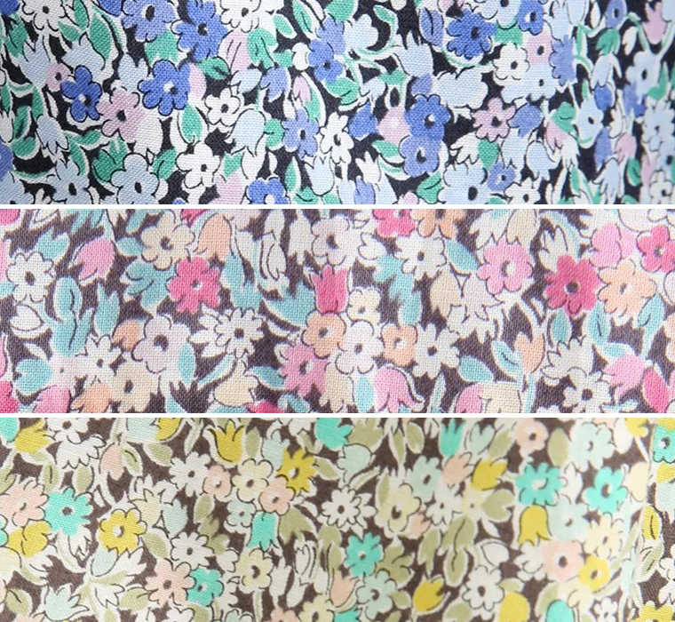 リバティプリントワンピース(ブルー、ピンク、イエロー)の生地アップ