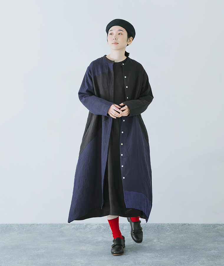 08Mab 9番手リネンアシンメトリー切り替えワンピース アレンジスタイル