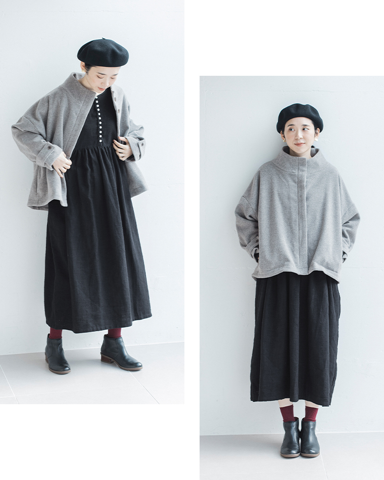 08Mabのスタンド襟ショートコートを前後から見せたコーディネートカット