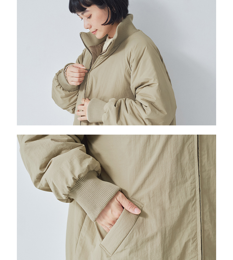 LUPILIEN by natulanのナイロン中綿リブカラーコートの襟元とポケットのディテール