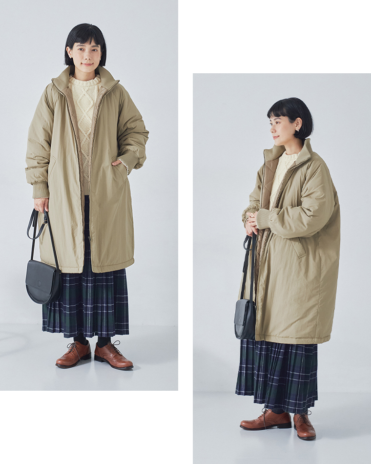 LUPILIEN by natulanのナイロン中綿リブカラーコートを前後から見せたコーディネートカット