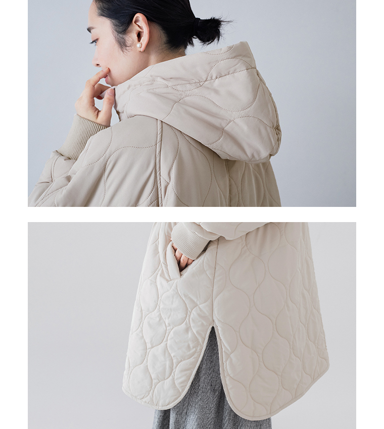 D*g*yのひょうたんキルトフーディーコートのフードとサイドスリットのディテール