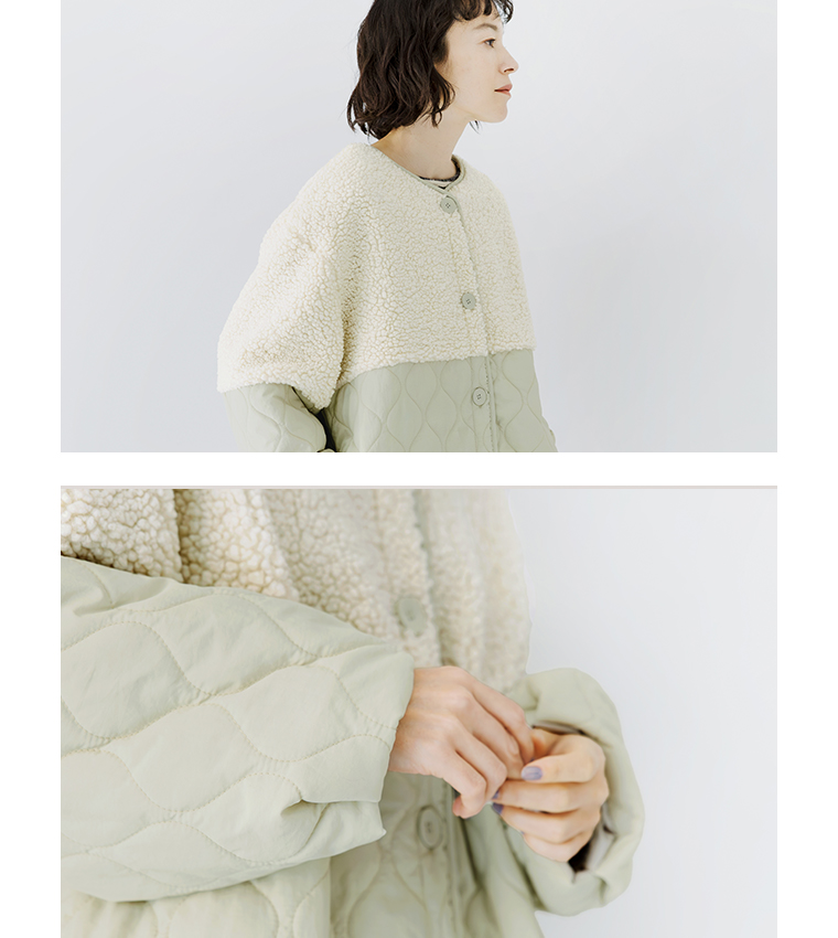 LUPILIEN by natulanのボアキルトノーカラーコクーンコートの異素材切り替えディテール