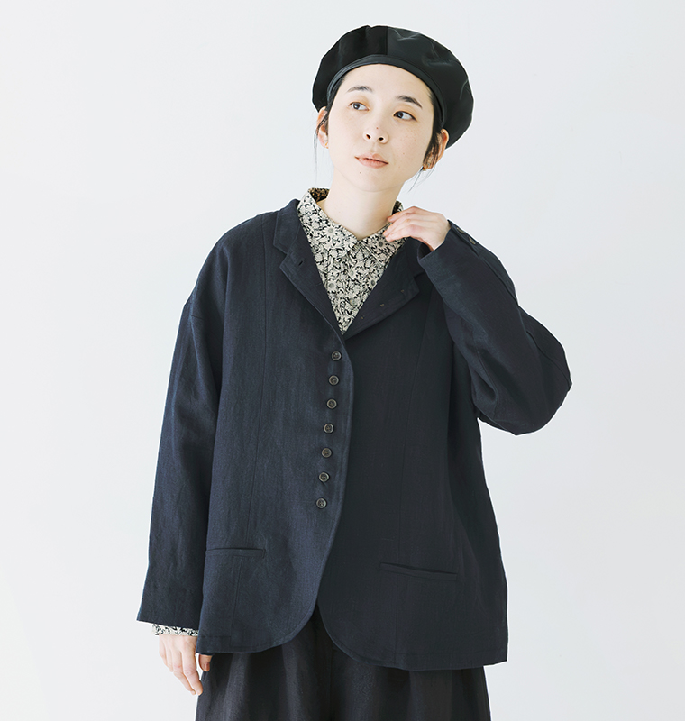 08Mabの別注｜9番手リネン 多ボタンジャケット ネイビーの上半身正面カット