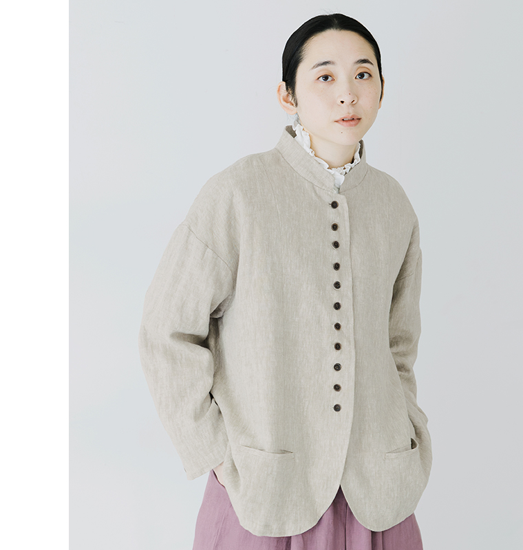 別注｜9番手リネン 多ボタンジャケット グレージュの上半身正面カット