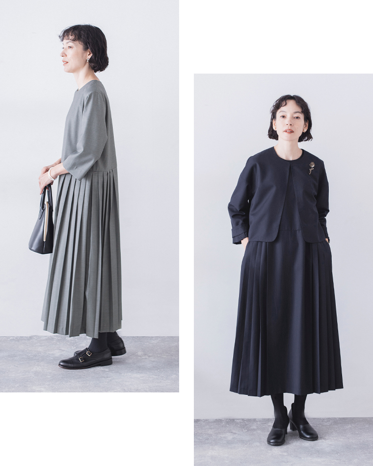 ジャケットプリーツアンサンブル（グレーとネイビー）をスタッフが着用した横と正面のコーディネート