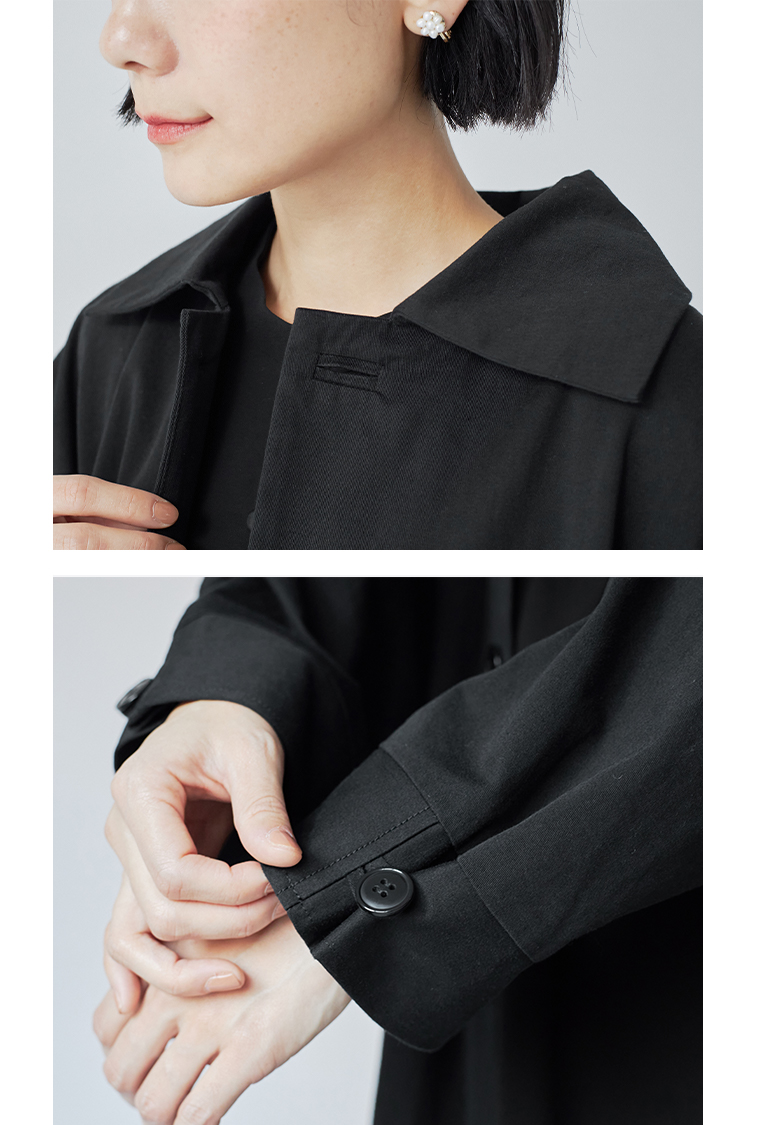 ビッグカラーコートの襟元と袖のディテール