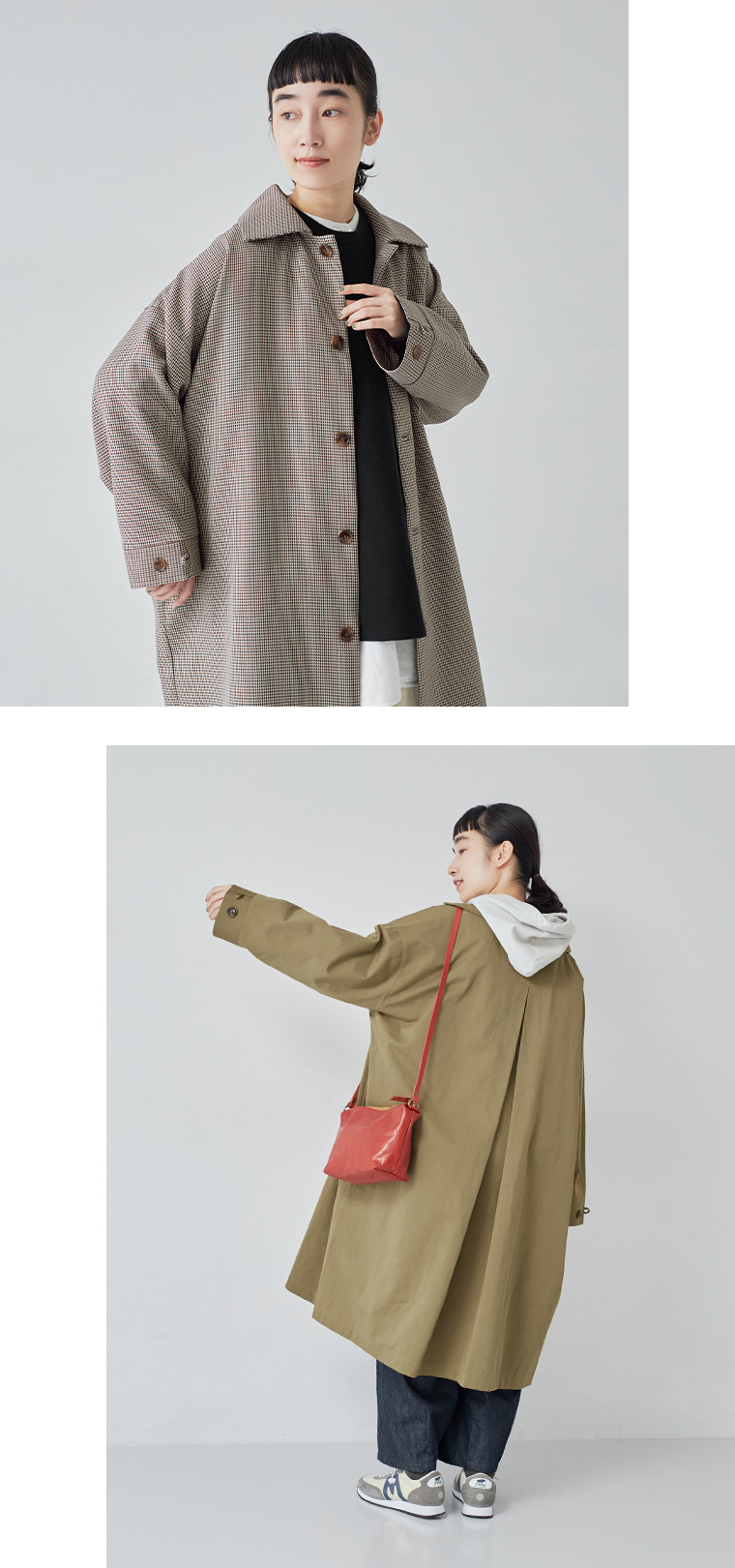 ビッグカラーコートの前寄りとバックシルエット