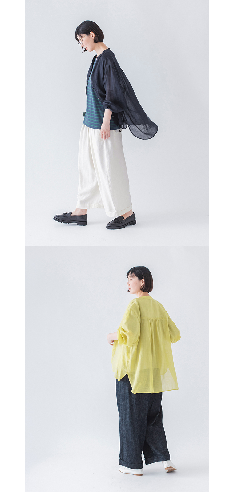 &yarnシアーリネンバンドカラーブラウスの着用イメージ（ネイビー・サフラン）