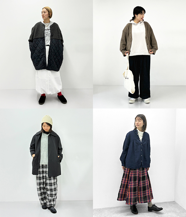  4名の冬コーディネートを並べたコラージュ画像（キルティングコート、ブラウンジャケット、チェックパンツ、チェックスカートなど多彩なレイヤードスタイル）