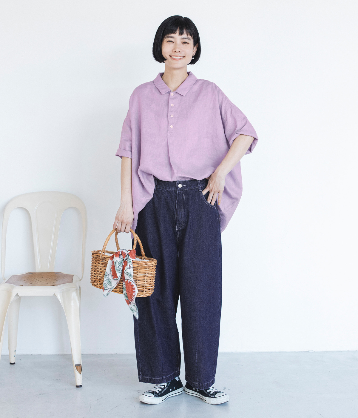 HEAVENLY 素肌喜ぶカラーリネンポロ(ラベンダー)の全身コーディネート