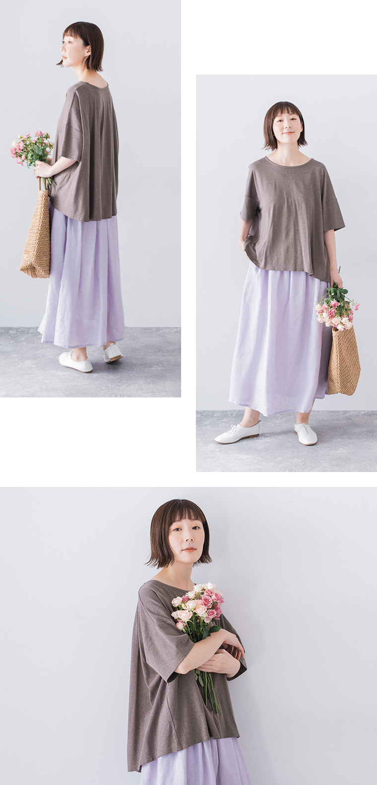 コットンリネン混バックフレアTシャツ(モカ)着用の全身横と前、上半身寄り前のカット