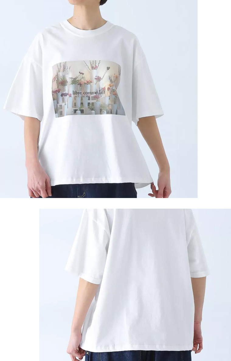 フラワーショップフォトプリントTシャツ(ホワイト)着用の上半身寄り前と後ろ
