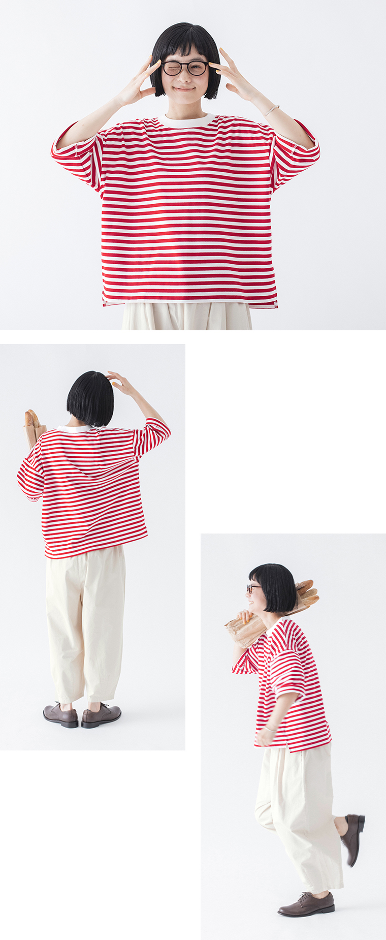 1枚で着映えるワイドプルオーバー(レッド)着用の上半身寄り前と全身後ろと横