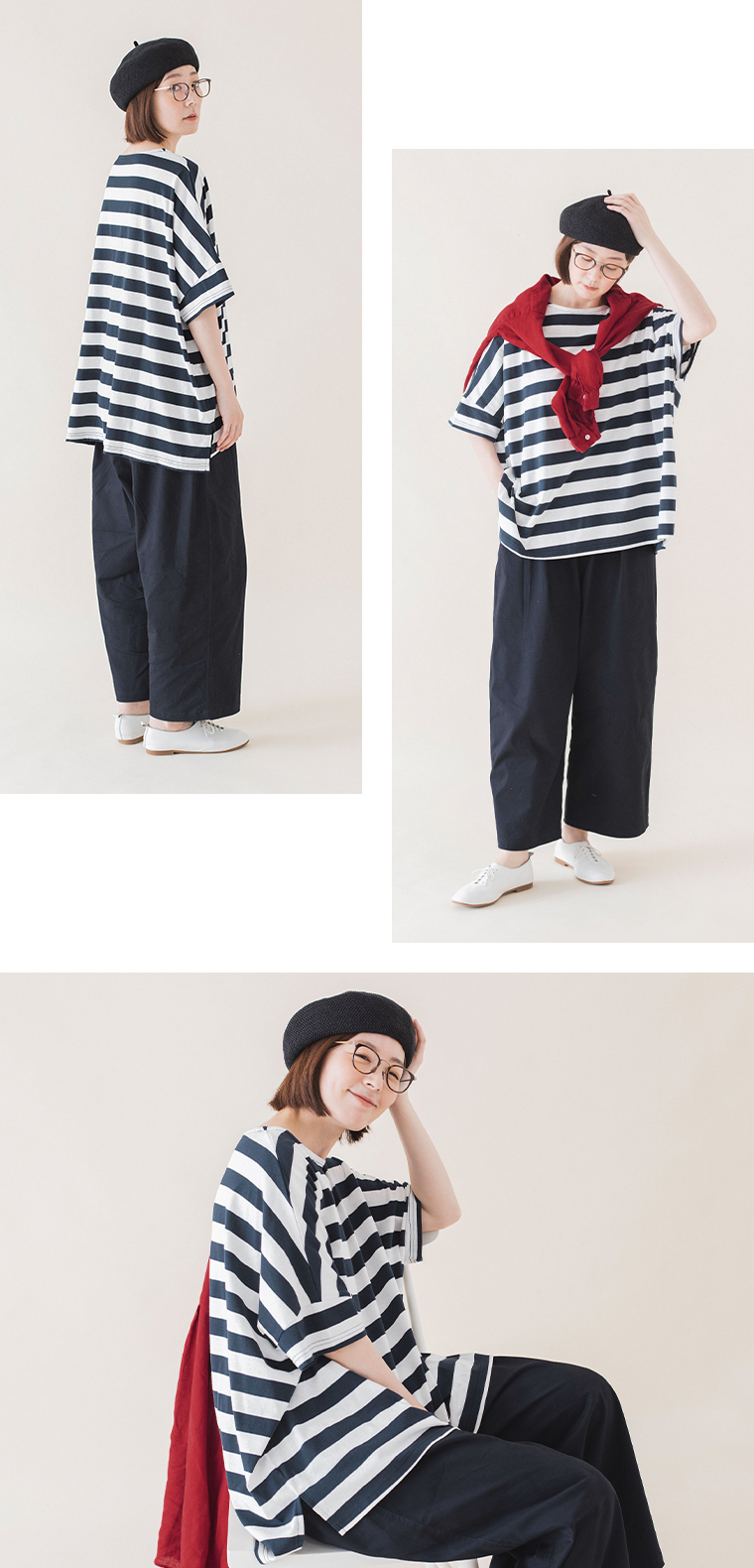 ボートネックボーダーTシャツ(ネイビー)着用の全身前と斜め後ろと上半身横