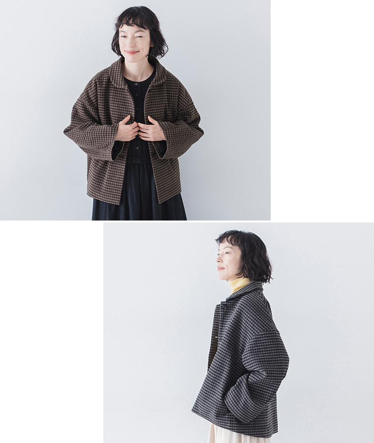 【 &yarn 】ギンガムチェック中綿ジャケット ブラウン＆グレー