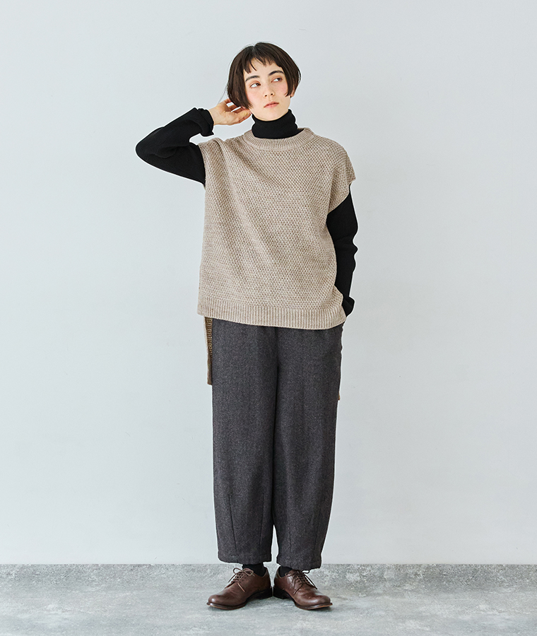 【 08Mab 】ウールツイード裾タックパンツ ブラックネイビー