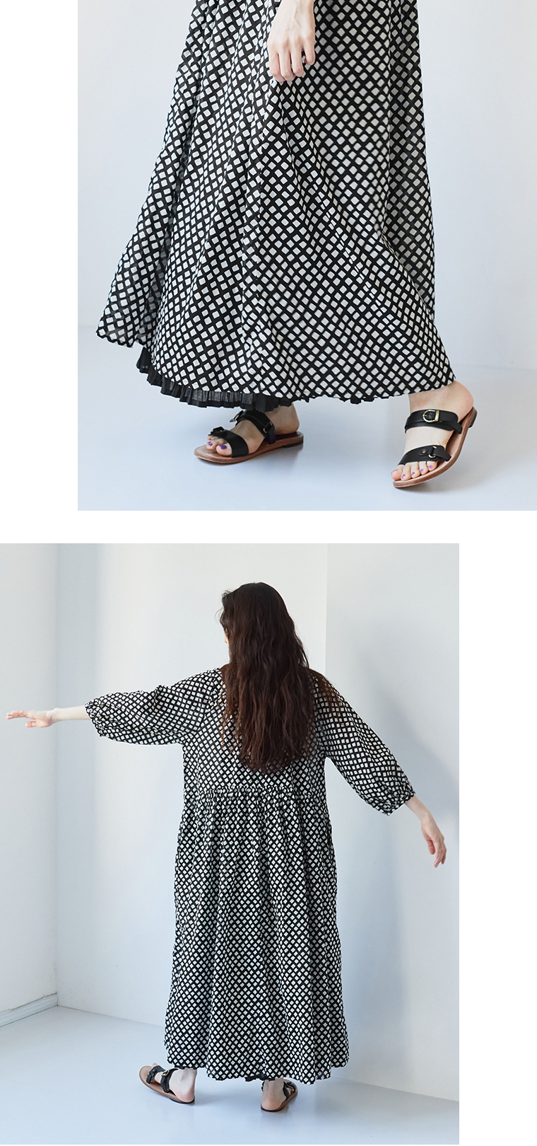 &yarn ギャザーワンピース ベージュ×ブラック 生地感と後ろ姿