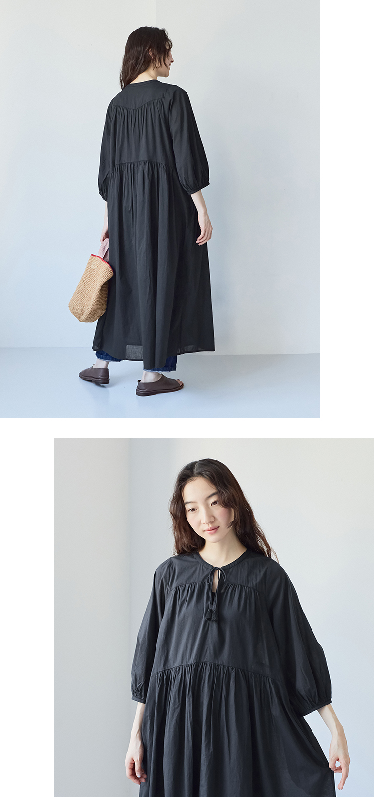 &yarn ギャザーワンピース ブラック 後ろ姿と上半身アップ