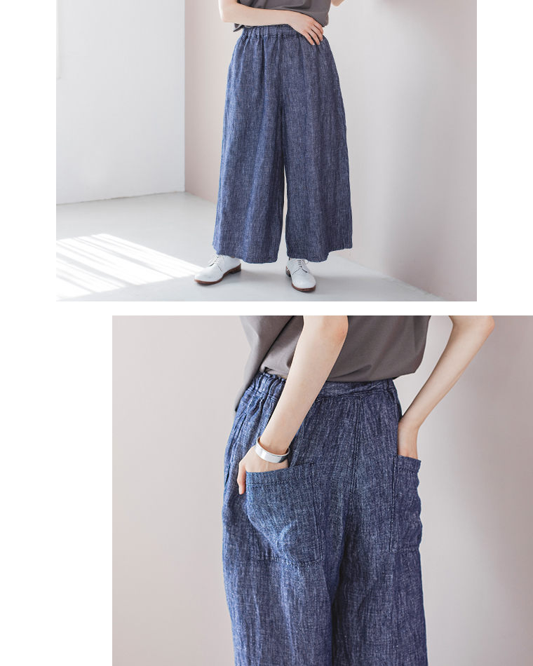 【ichi】リネンワイドパンツ ネイビー パンツ寄り＆バックポケット
