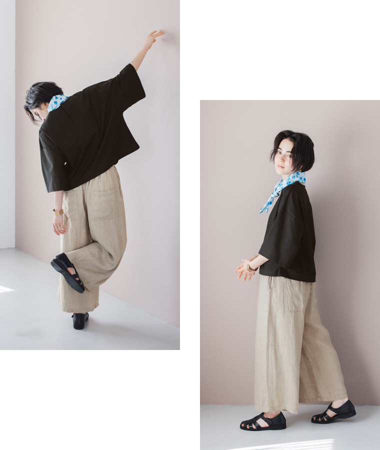 【ichi】リネンワイドパンツ ナチュラル 全身バック＆横