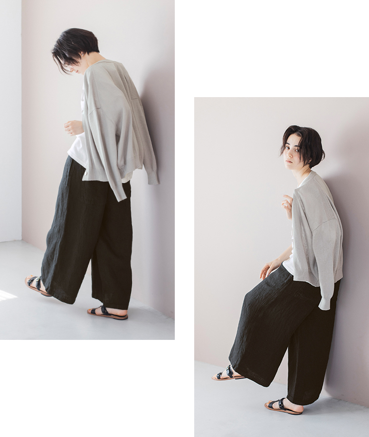 【ichi】リネンワイドパンツ ブラック Tシャツのみコーディネート