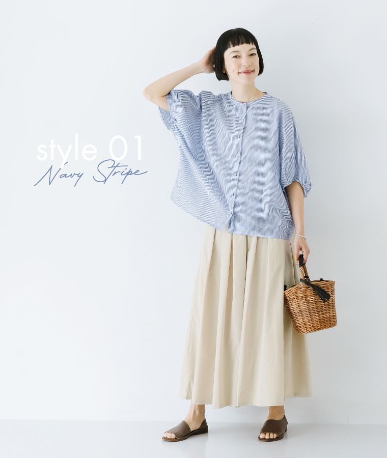 Bliss bunch コットンリネンパフスリーブドルマンシャツ ネイビーストライプ
