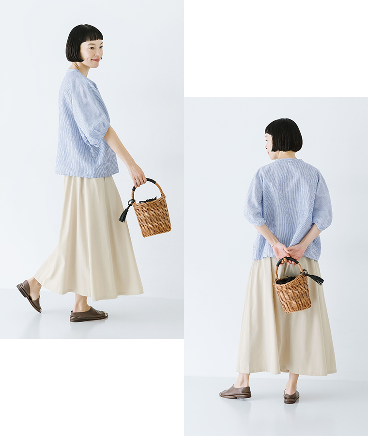 Bliss bunch コットンリネンパフスリーブドルマンシャツ ネイビーストライプ サイドデザインとバックデザイン