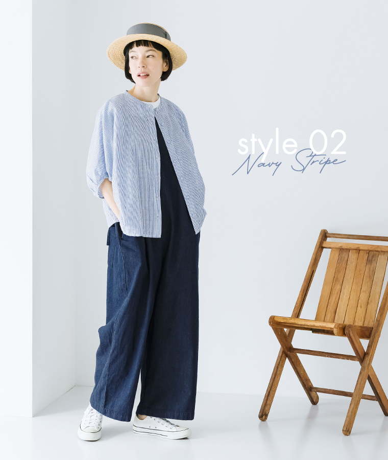 Bliss bunch コットンリネンパフスリーブドルマンシャツ ネイビーストライプ 羽織りアレンジ