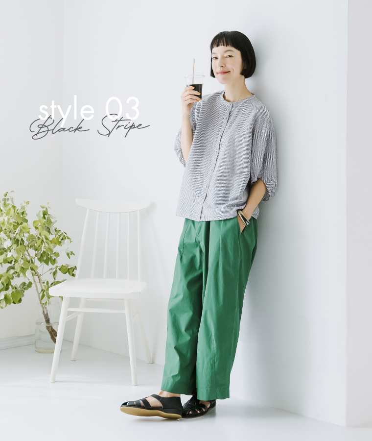 Bliss bunch コットンリネンパフスリーブドルマンシャツ ブラックストライプ