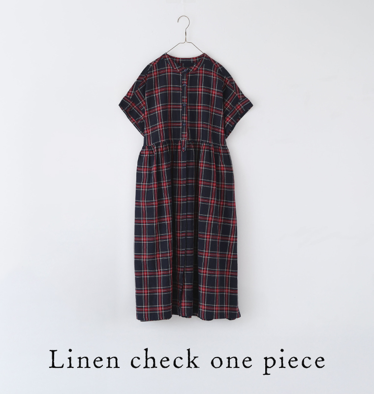【 ubasoku 】別注|リネンチェックバンドカラー切替比翼二枚袖半袖前開きワンピース 掛け画
