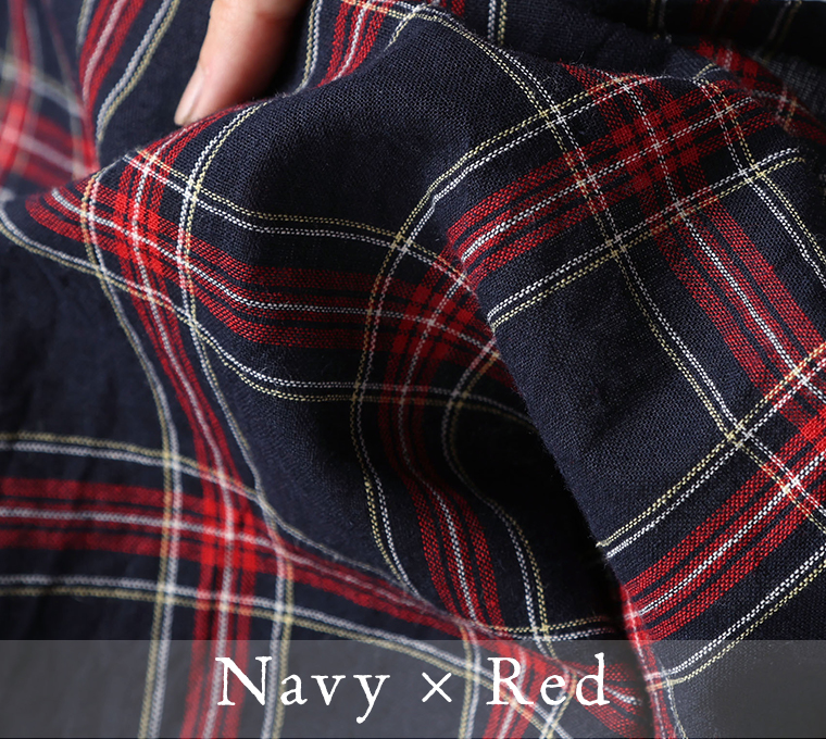 【 ubasoku 】別注|リネンチェックバンドカラー切替比翼二枚袖半袖前開きワンピース 生地寄り