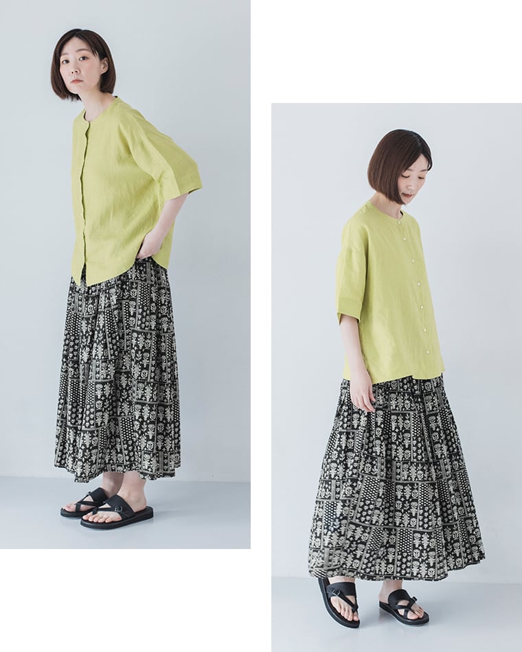 わたしの大人服 &yarn  リネンバンドカラーブラウス ライム 全身斜め2カット