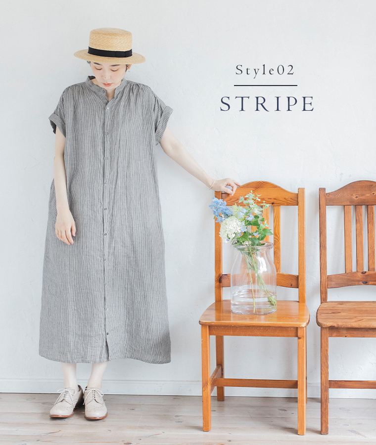 ICHI Antiquites リネンダンガリーワンピース ストライプのコーディネート