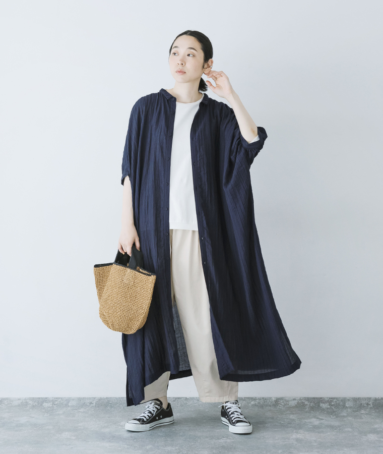 【 &yarn 】ドルマンギャザーストライプワンピース ネイビー