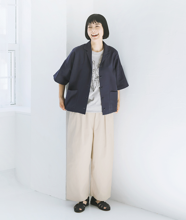 &yarn コットンリネン ワイドスリーブブラウス ネイビー