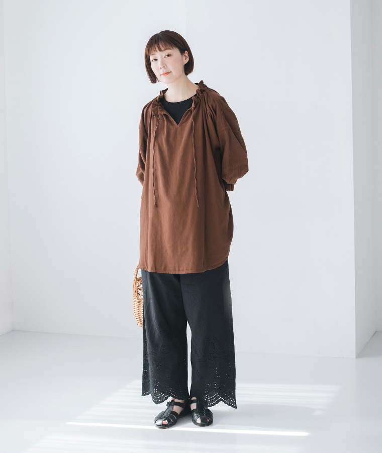 &yarn コットンリネン ワイドスリーブブラウス ネイビー