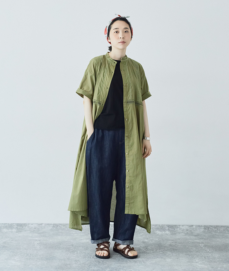 &yarn コットンリネン ワイドスリーブブラウス ネイビー