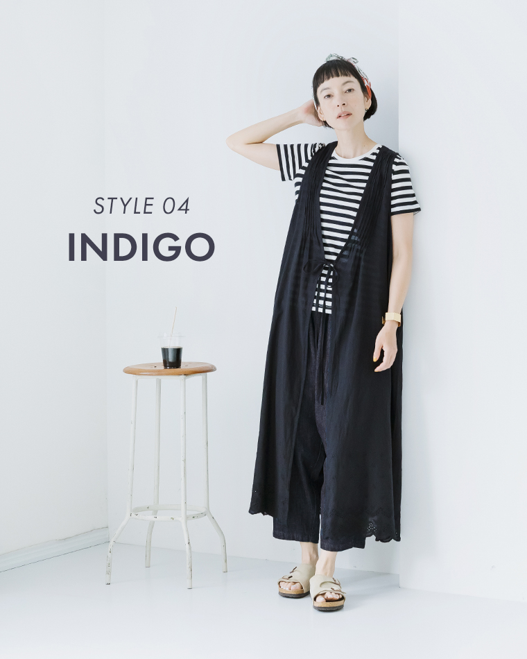 ista-ire 別注｜着丈選べる 甘撚りコットンリネンデニムよくばりパンツ インディゴのレイヤードコーディネート